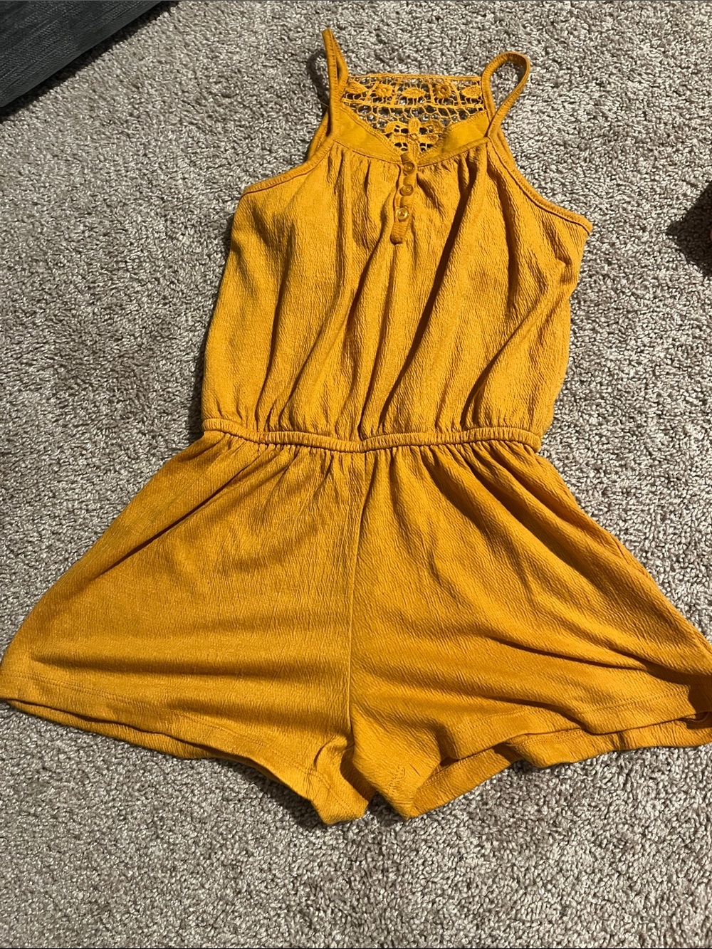 Mudd Girls Mustard Crochet-Back Romper S7/8